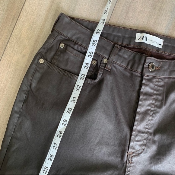 Zara The Dreed Flare chocolate brown coated jean pant high rise 14 - Picture 5 of 7